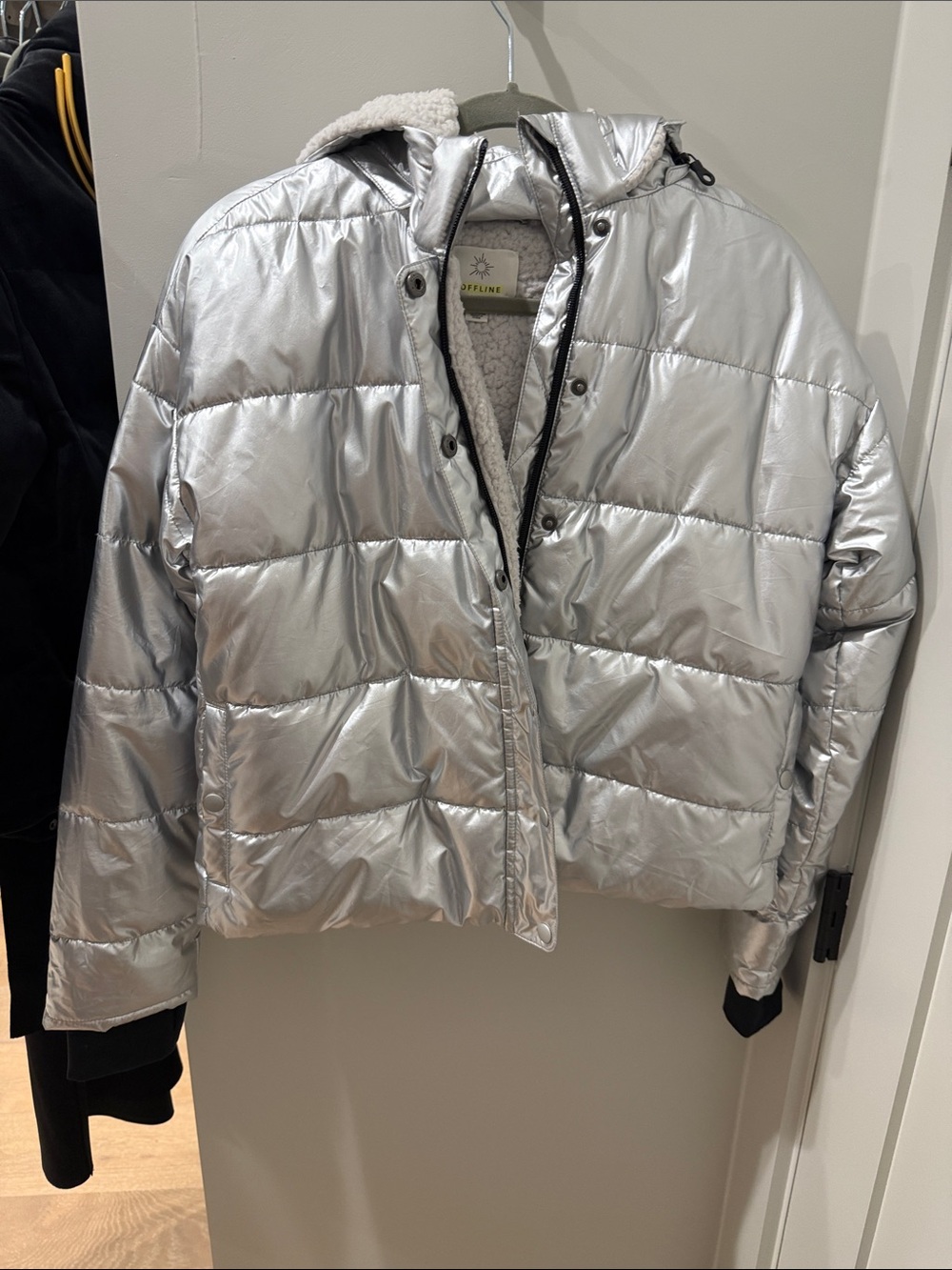 aerie Metallic Silver Puffer Jacket with Sherpa Hood
